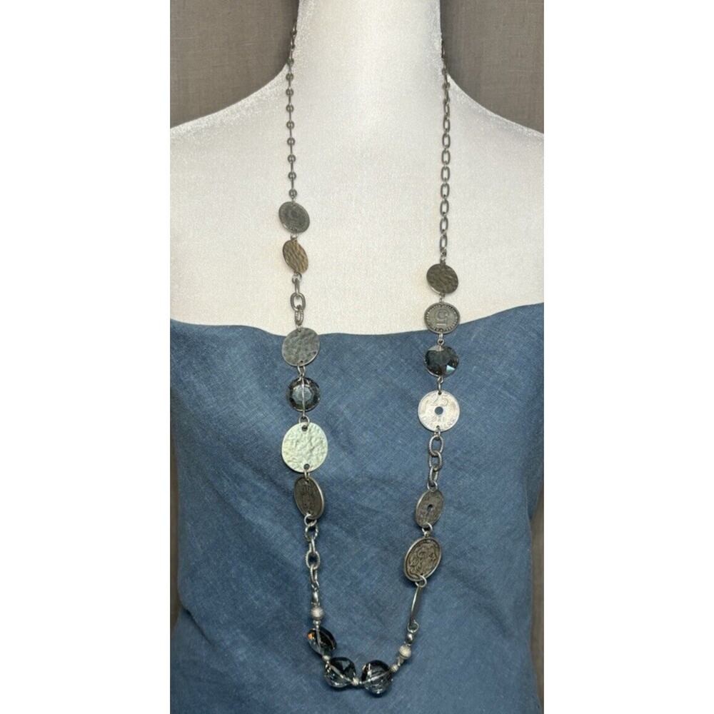 Chico’s Silver Hammered Disc & Coins crystal Bead Long Necklace